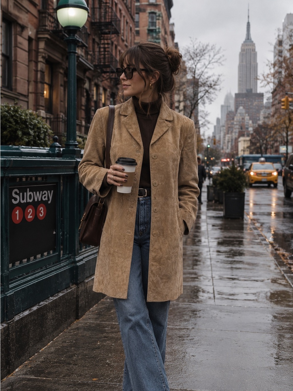 Vintage Y2K New York & Company Tan Suede Mid-Length Trench Coat Jacket